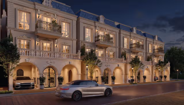Godrej Florenne Row Houses French Renaissance Elevation at Dusk